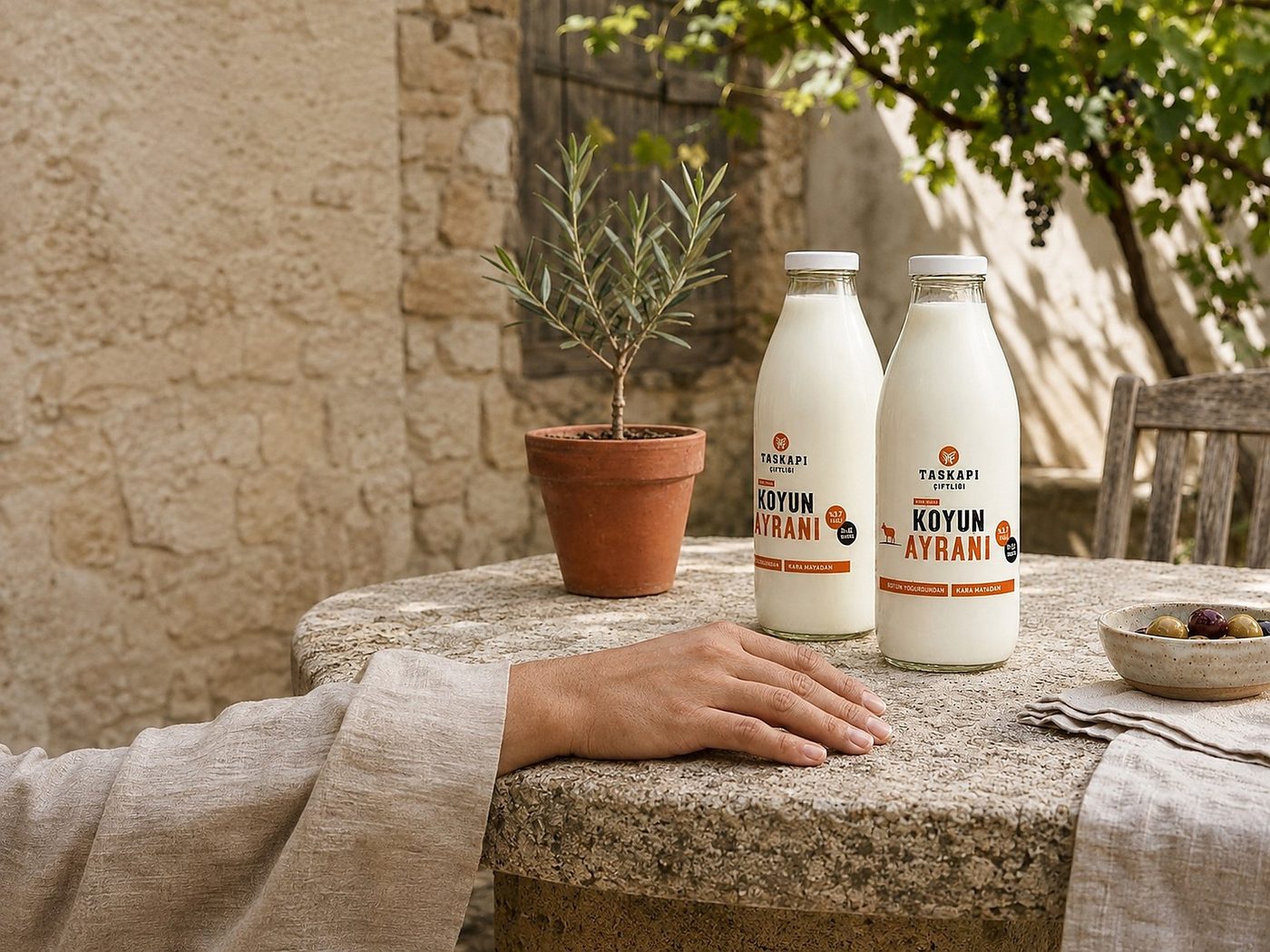 Taşkapı Çiftliği logo and two ayran bottles on a stone courtyard table, olive tree overhead
