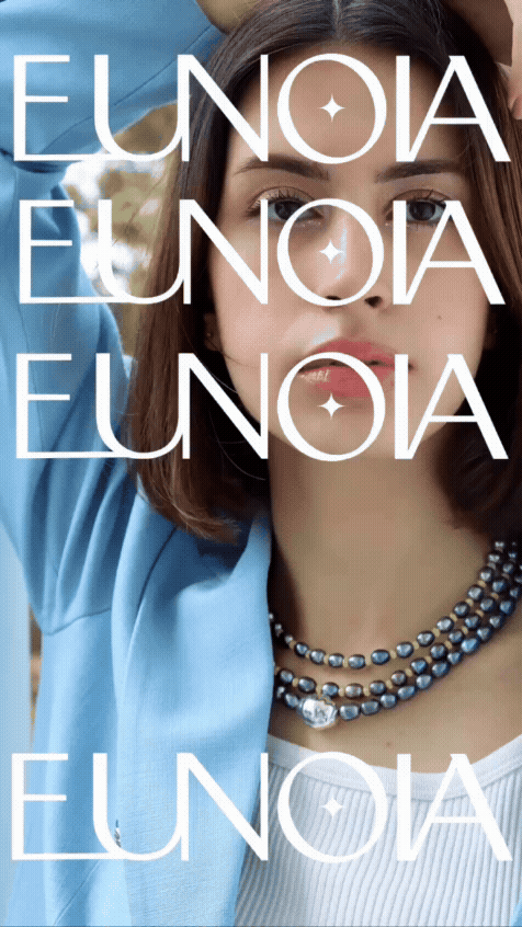 Eunoia animated wordmark over brand portrait, repeating logotype motion