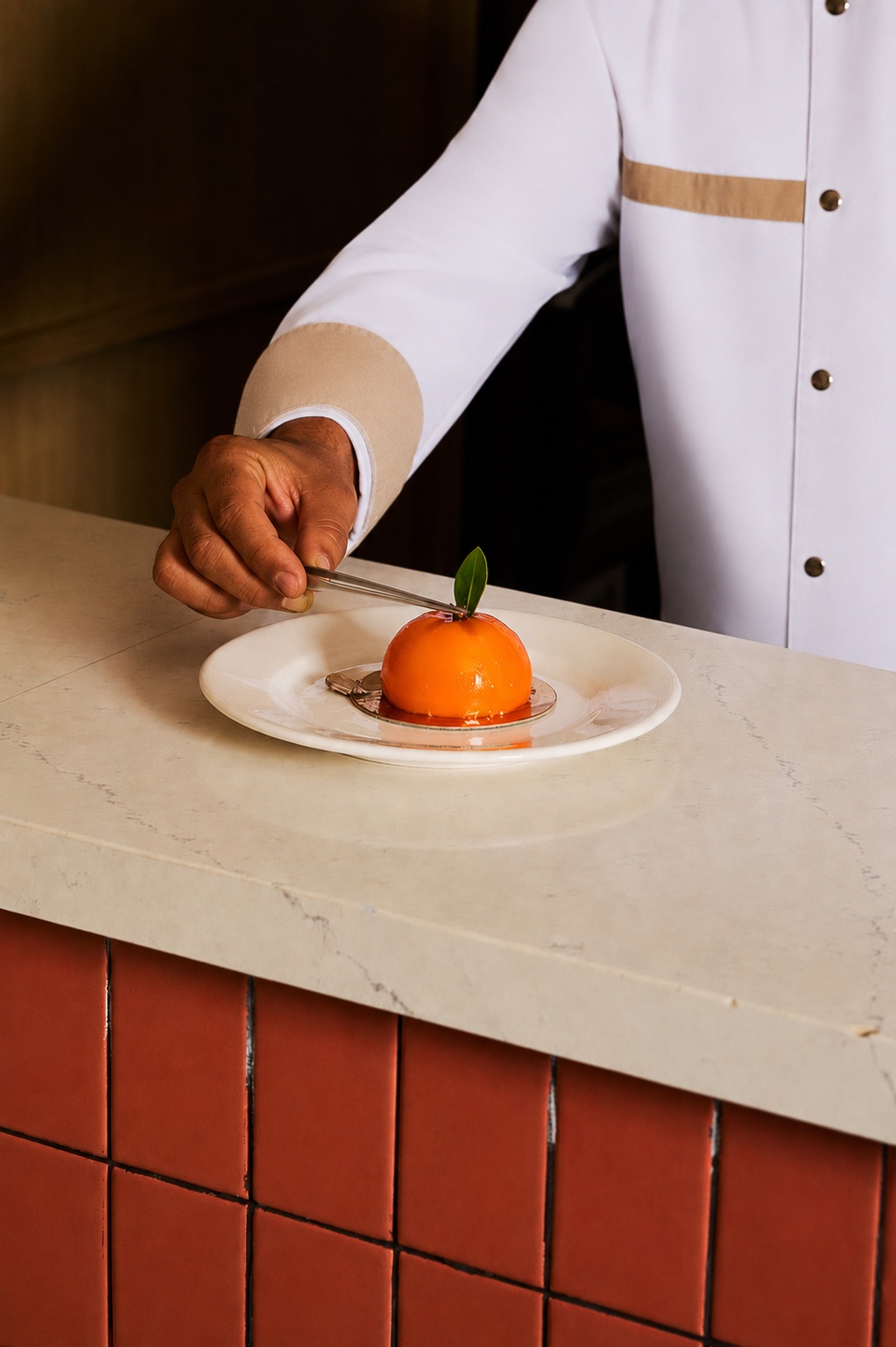 Chef plating a citrus dessert at the table