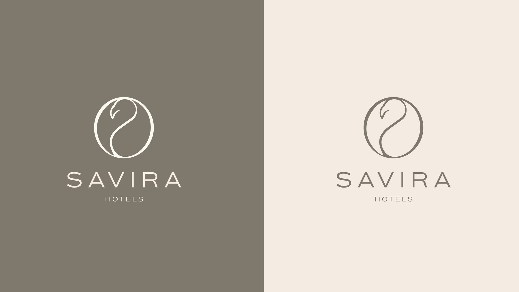 Savira Hotels wordmark and leaf-circle icon shown reversed on brown and in position on cream