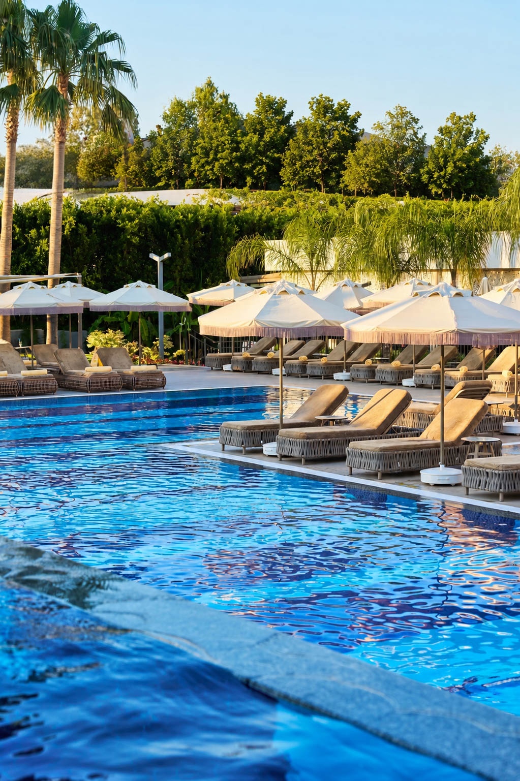 Overview of the pool and sun loungers at Belek Beach Resort
