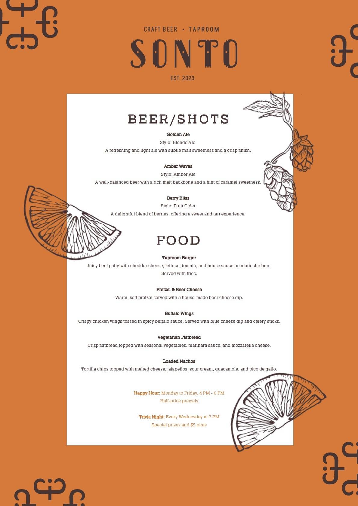Sonto Beer menu design — orange front