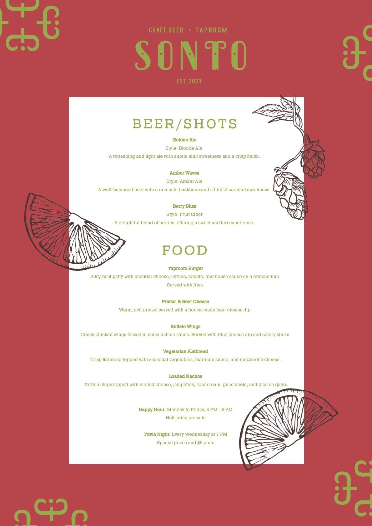 Sonto Beer menu design — red front
