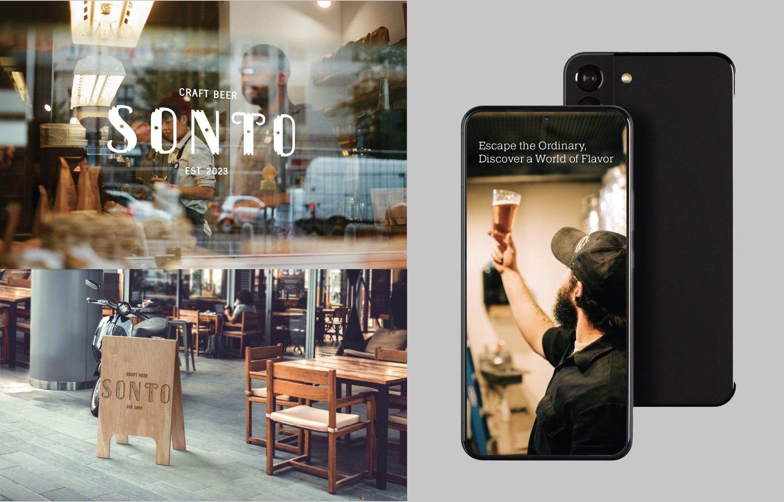 Sonto Beer signage, storefront and mobile app mockup