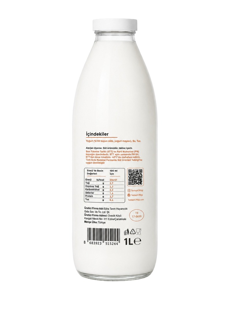 Taşkapı Çiftliği sheep's-milk ayran bottle, back label with ingredients and nutrition information, on white