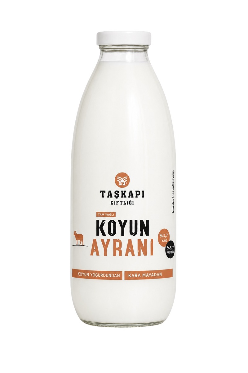 Taşkapı Çiftliği sheep's-milk ayran bottle, front label, on white