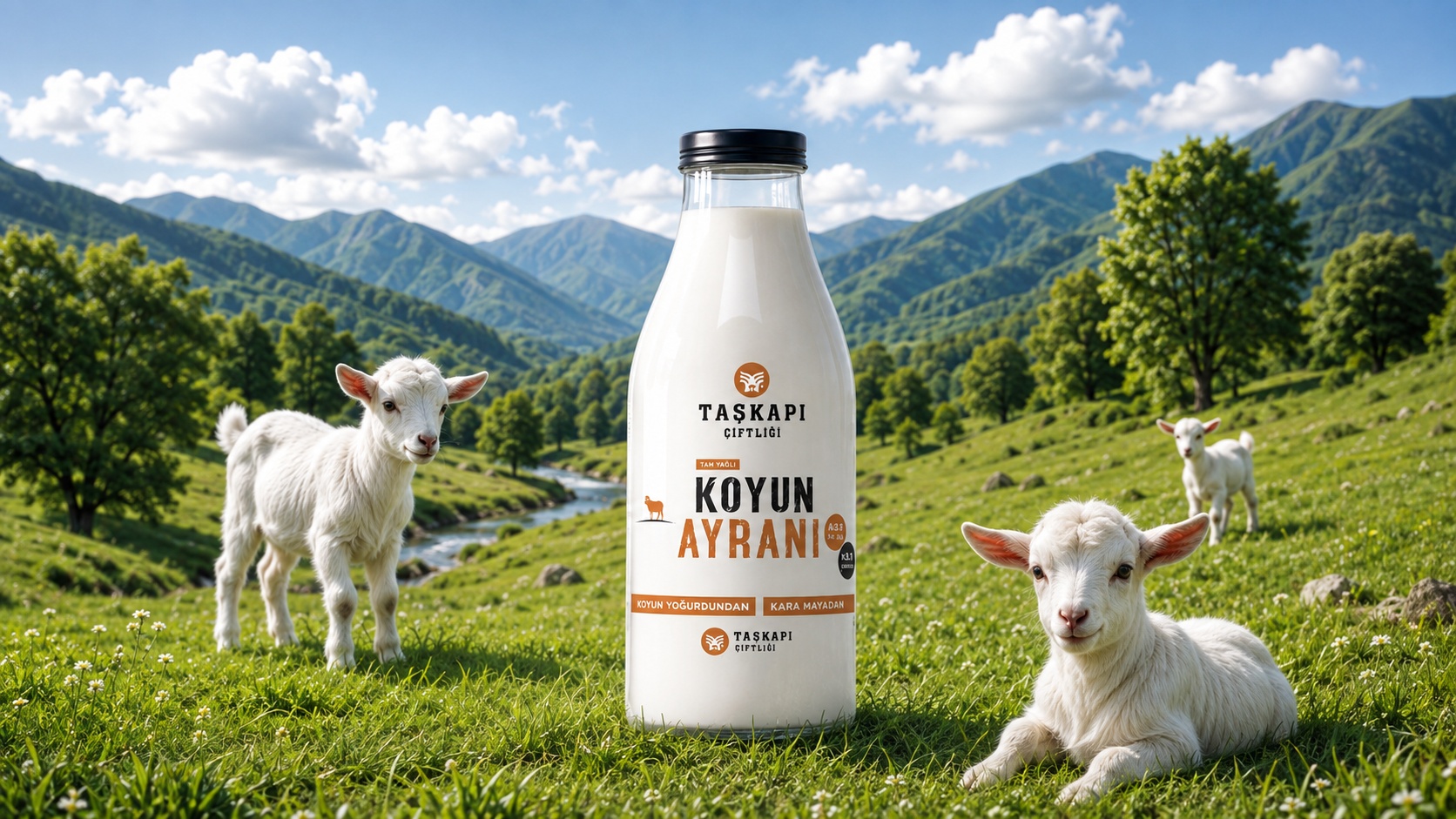 Taşkapı Çiftliği ayran bottle mockup set against the farm's pasture and mountains, with lambs in the foreground