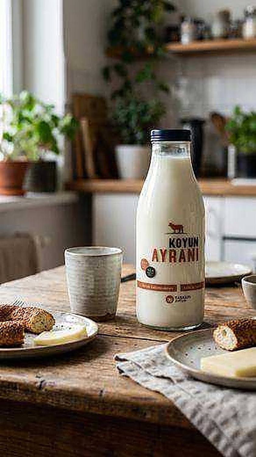 Taşkapı Çiftliği ayran bottle on a rustic kitchen table with bread and cheese